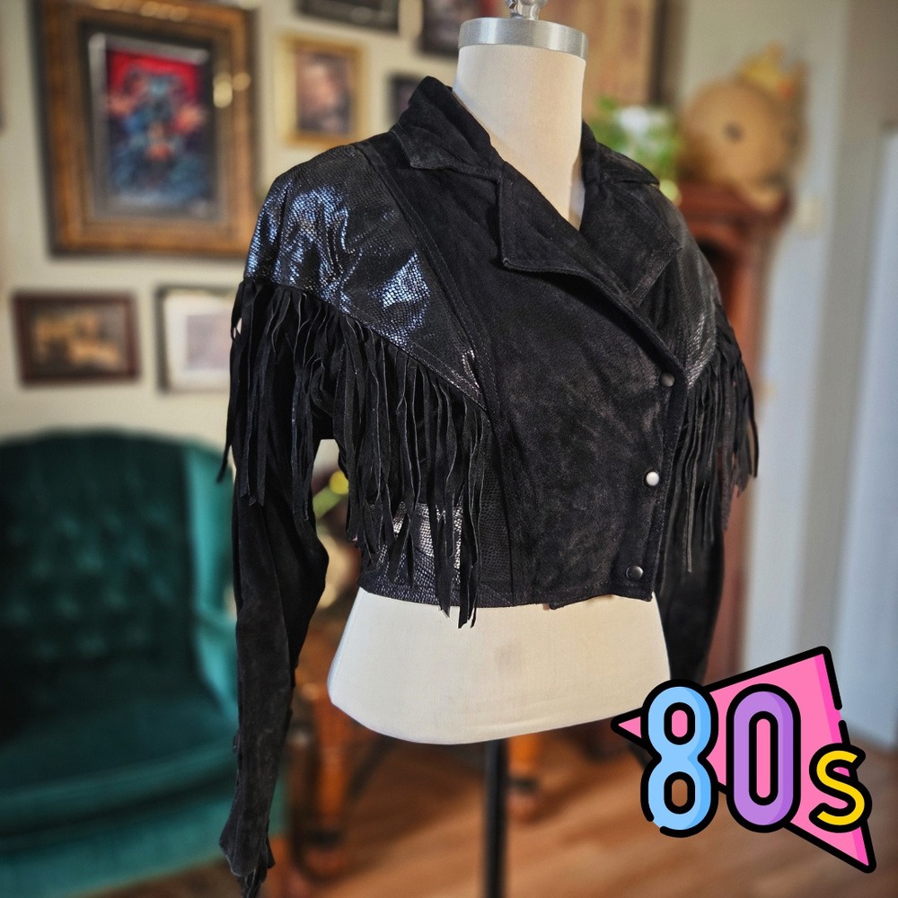 Bermans Black Leather Jacket Fringe‎ Cropped Vintage 80s Snakeskin Western Small